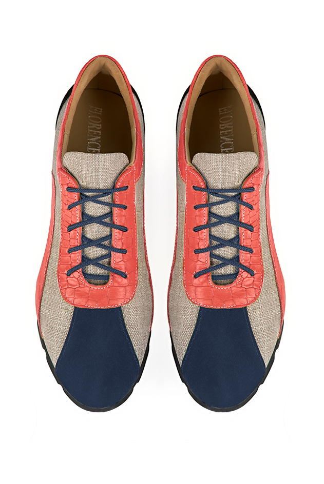 Navy blue and coral orange women's three-tone elegant sneakers. Round toe. Flat rubber soles. Top view - Florence KOOIJMAN